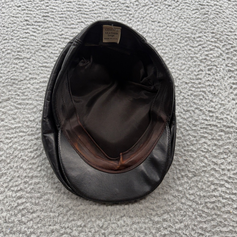 Leather Flat Cap Men Large Black Good USA Made Ivy Scally Hat - Picture 3 of 4